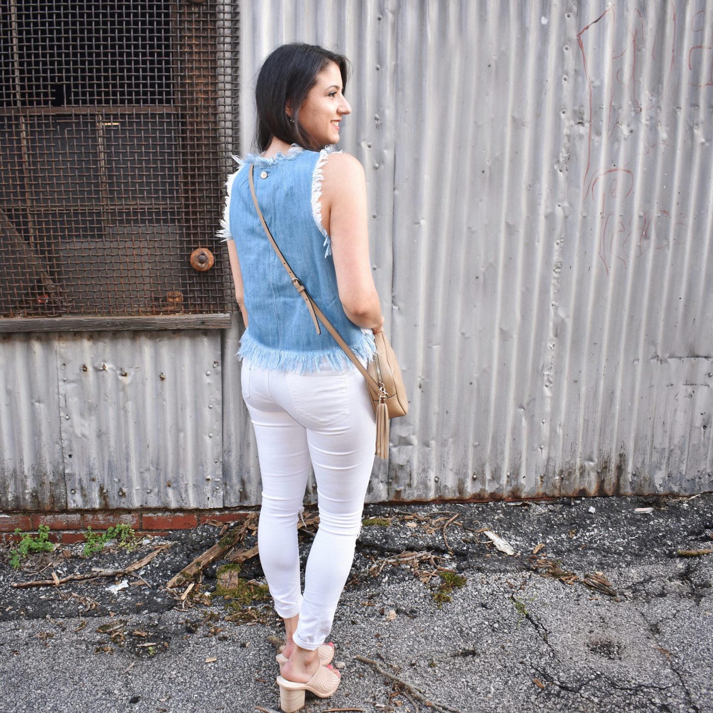 Frayed Denim Top and White Jeans