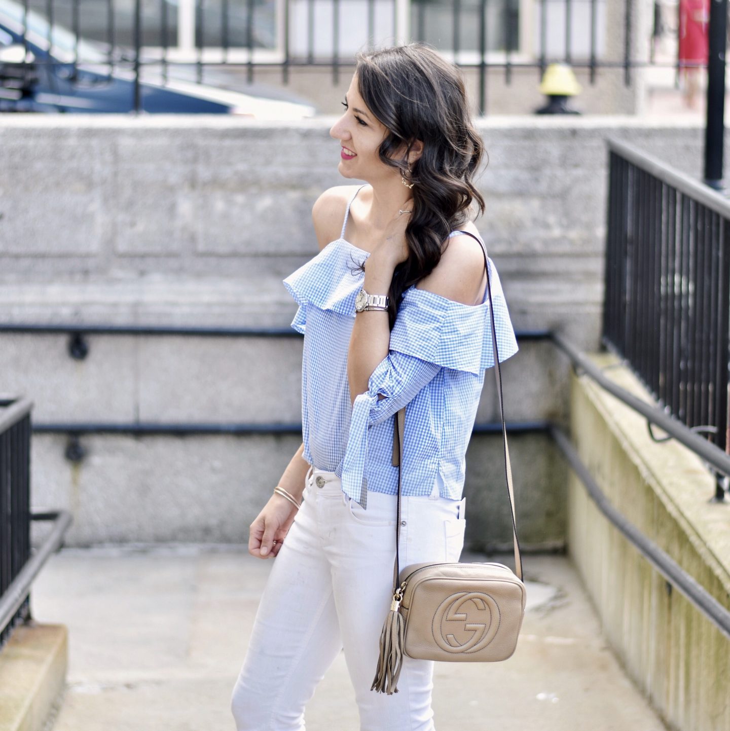 Blue gingham off shoulder top